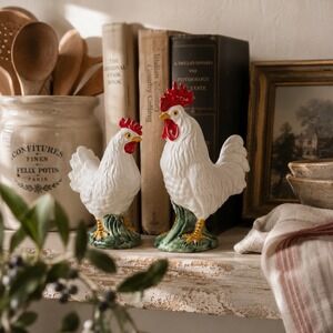 Vintage Ceramic Rooster Hen Figurines Pair Japan Farmhouse Kitchen Decor
